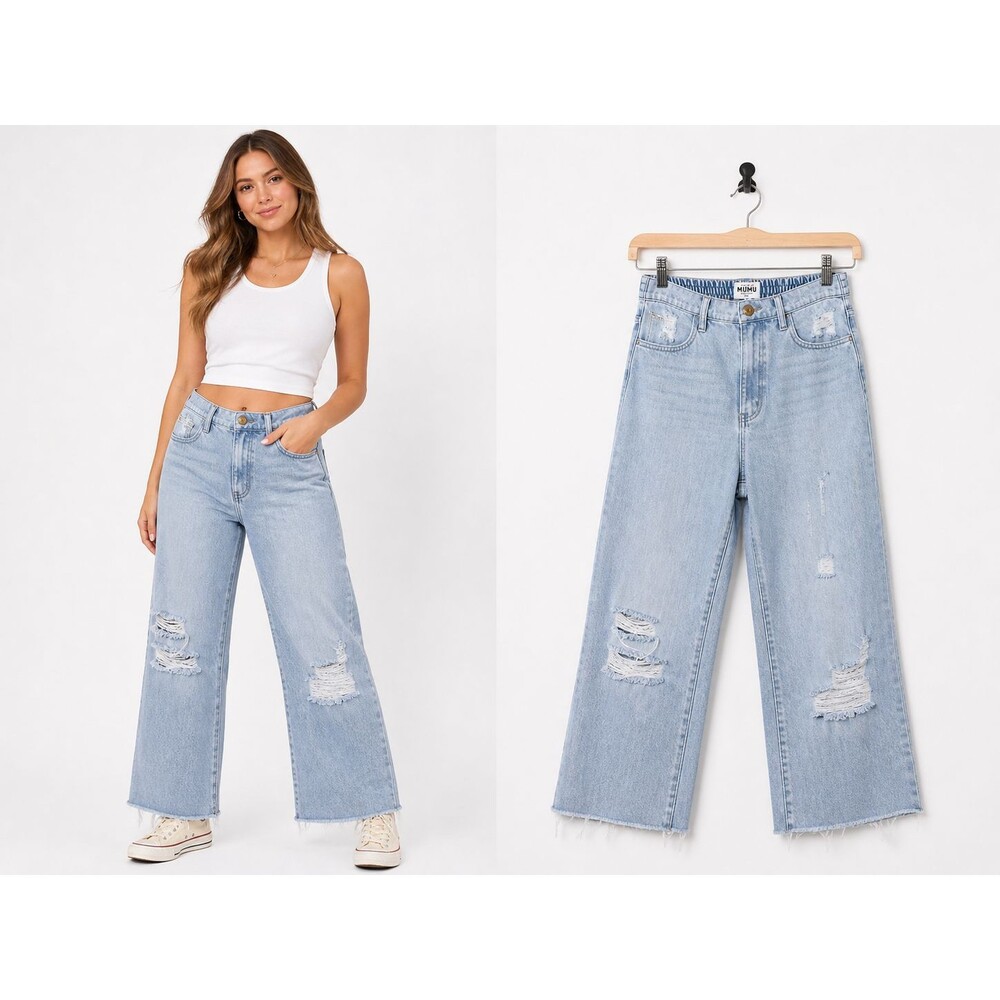 SHOW ME YOUR MUMU 90s Straight Jeans Women Size 26 Raw Hem Powder Blue